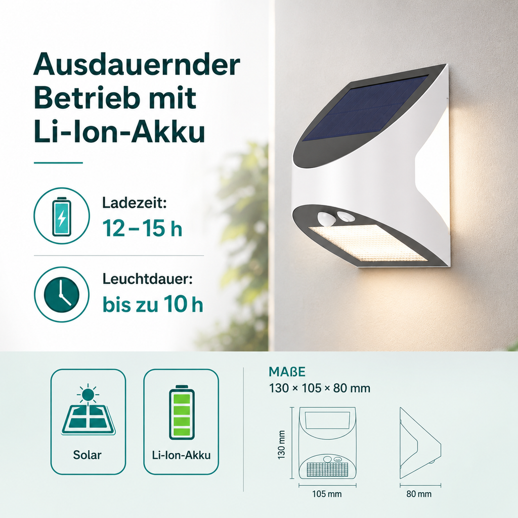 Solar LED Wandleuchte mit Li-Ion-Akku – bis zu 10 Stunden Leuchtdauer, Maße 130×105×80 mm
