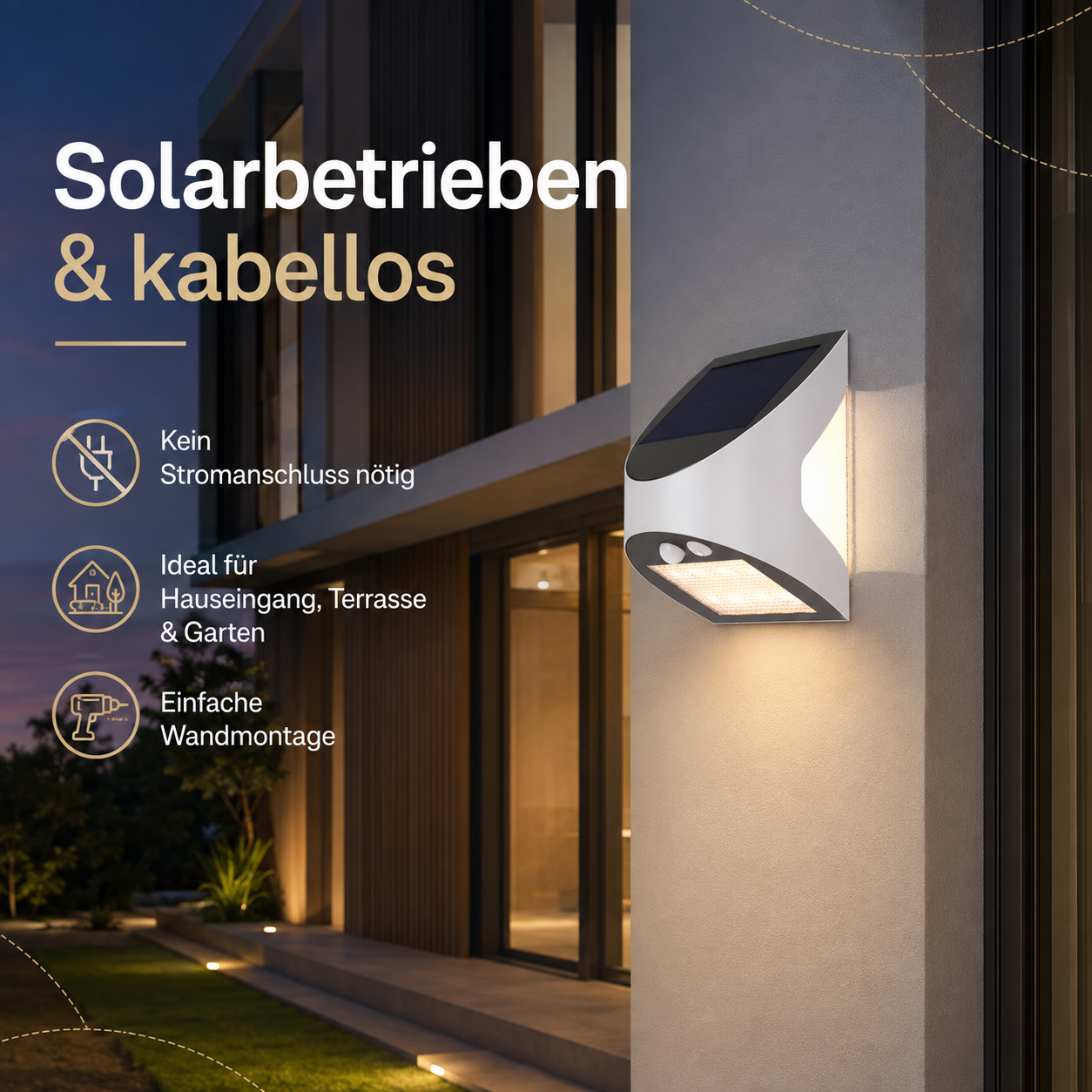 Solar LED Wandleuchte solarbetrieben und kabellos an einer Hausfassade – ohne Stromanschluss