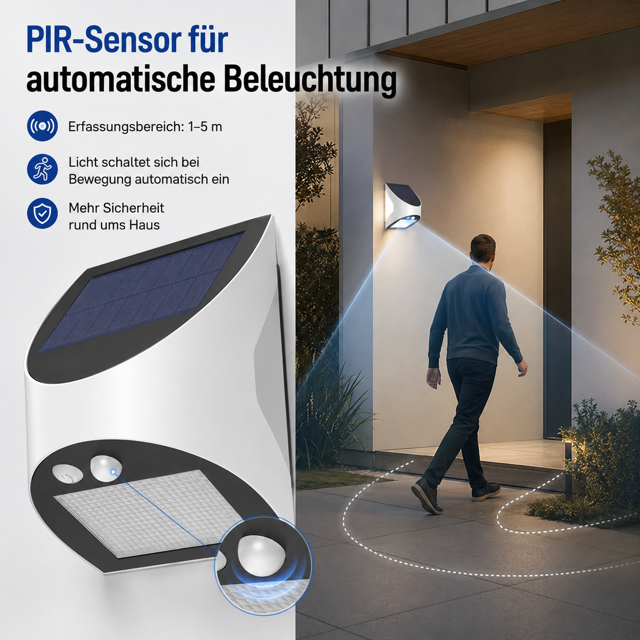 Solar LED Wandleuchte 3W – PIR-Bewegungssensor mit 1–5 m Erfassungsbereich für automatische Beleuchtung