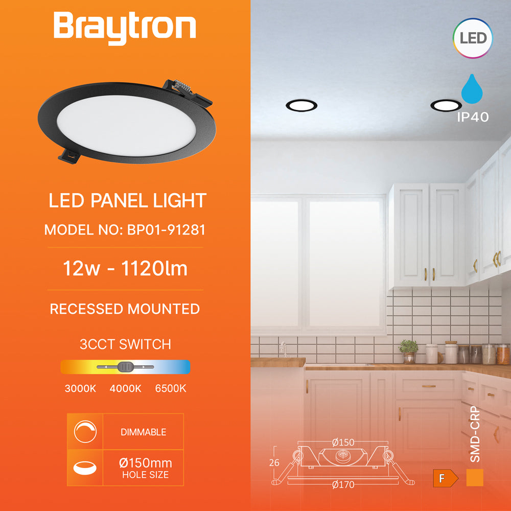 Braytron 12W LED Panel Dimmbar Einbauspot Einbaustrahler Deckenstrahler Flach IP40 CCT 3in1 schwarz – Bild 3