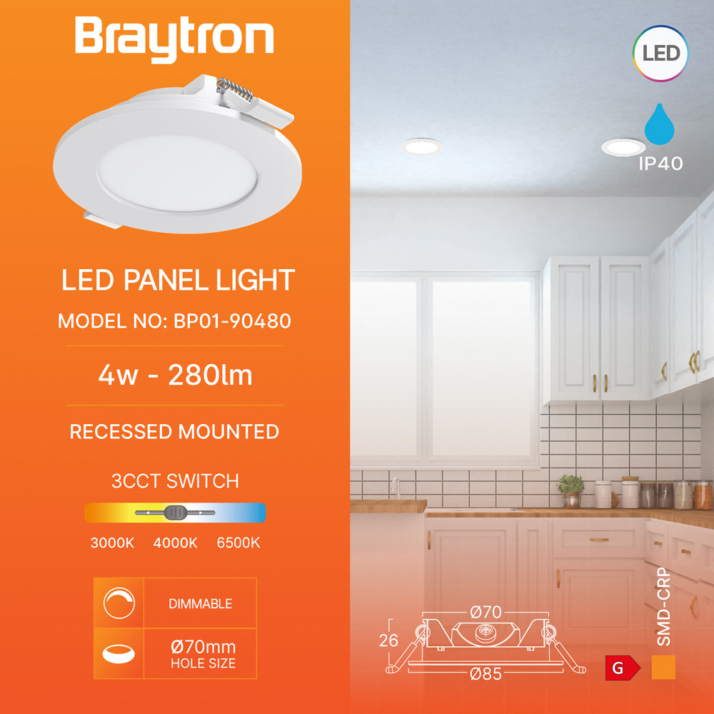 Braytron Dimmbar LED Einbauspot Einbaustrahler Deckenstrahler 4W 68mm 4000K Flach Dünn IP40 – Bild 3