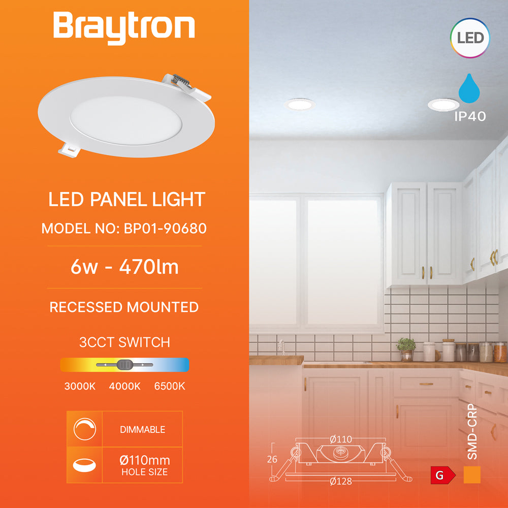Braytron 6W LED Panel Dimmbar Einbauspot Einbaustrahler Deckenstrahler Flach IP40 CCT 3in1 – Bild 3
