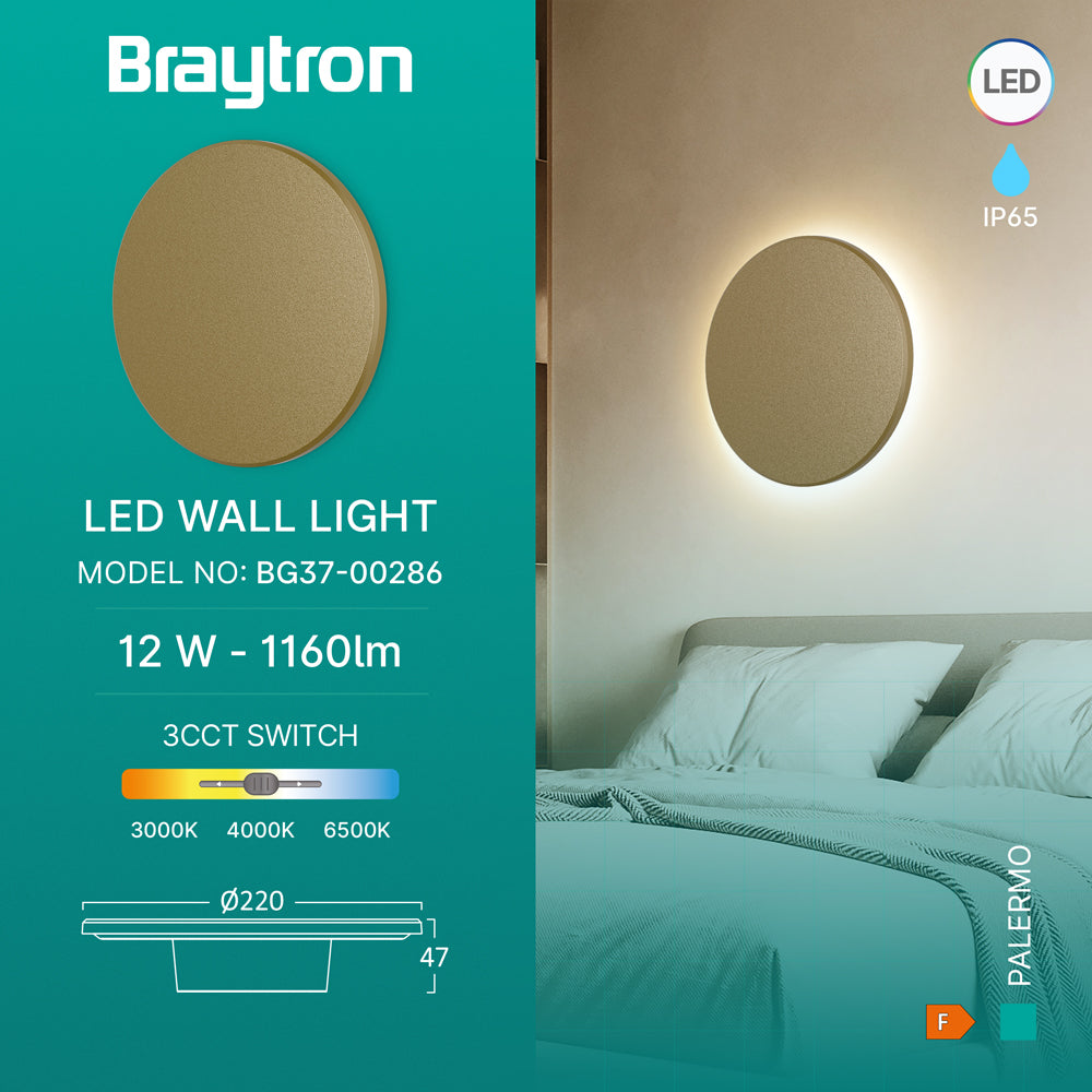 Braytron LED 12W Wandleuchte Designer Wandlicht Rund Gold indirekte Beleuchtung IP65 3in1 3000-6500K – Bild 2