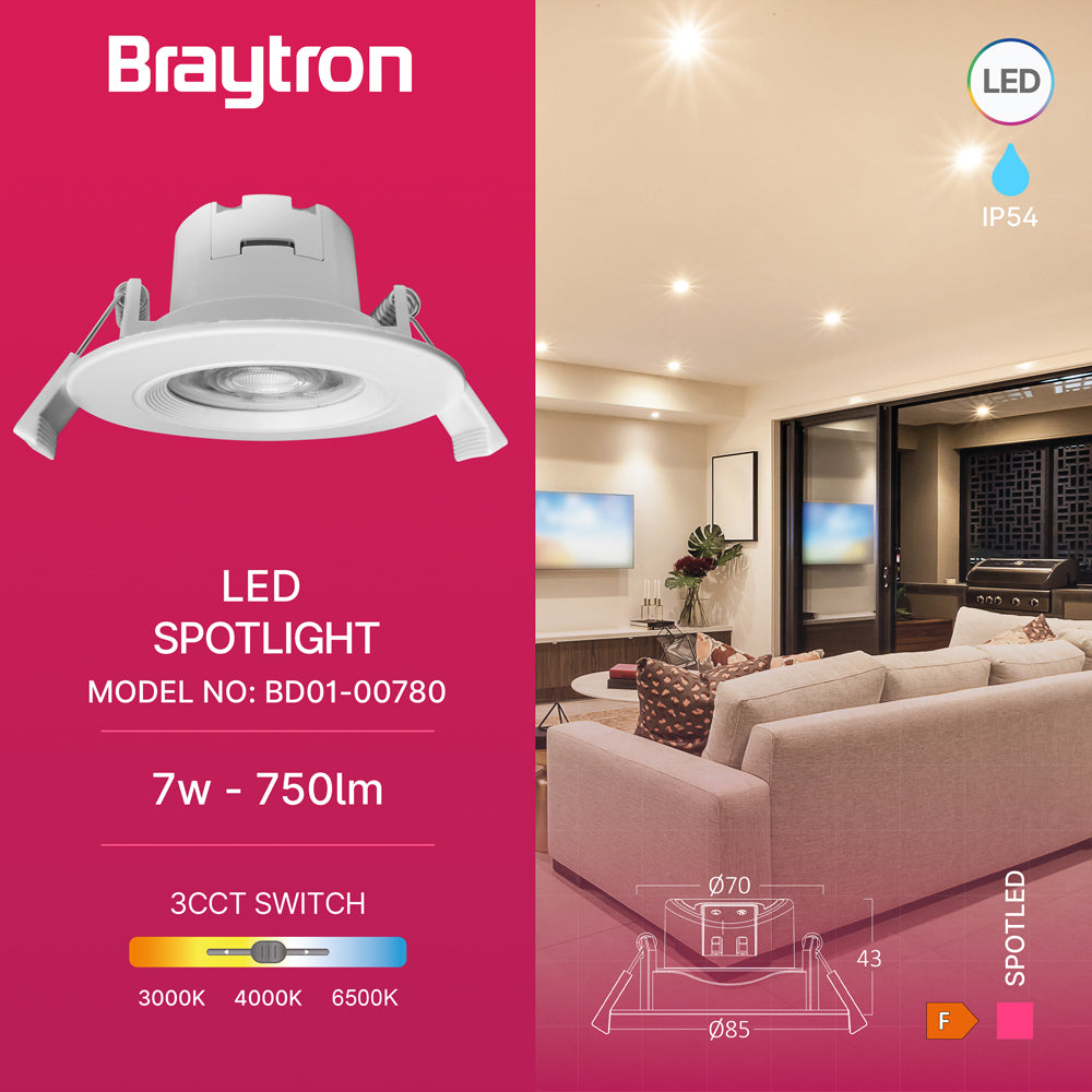 Braytron LED Einbaustrahler IP54 LED Spot 7W 3CCT Bad Einbauspot schwarz Feuchtraum 630 Lumen Weiß – Bild 3