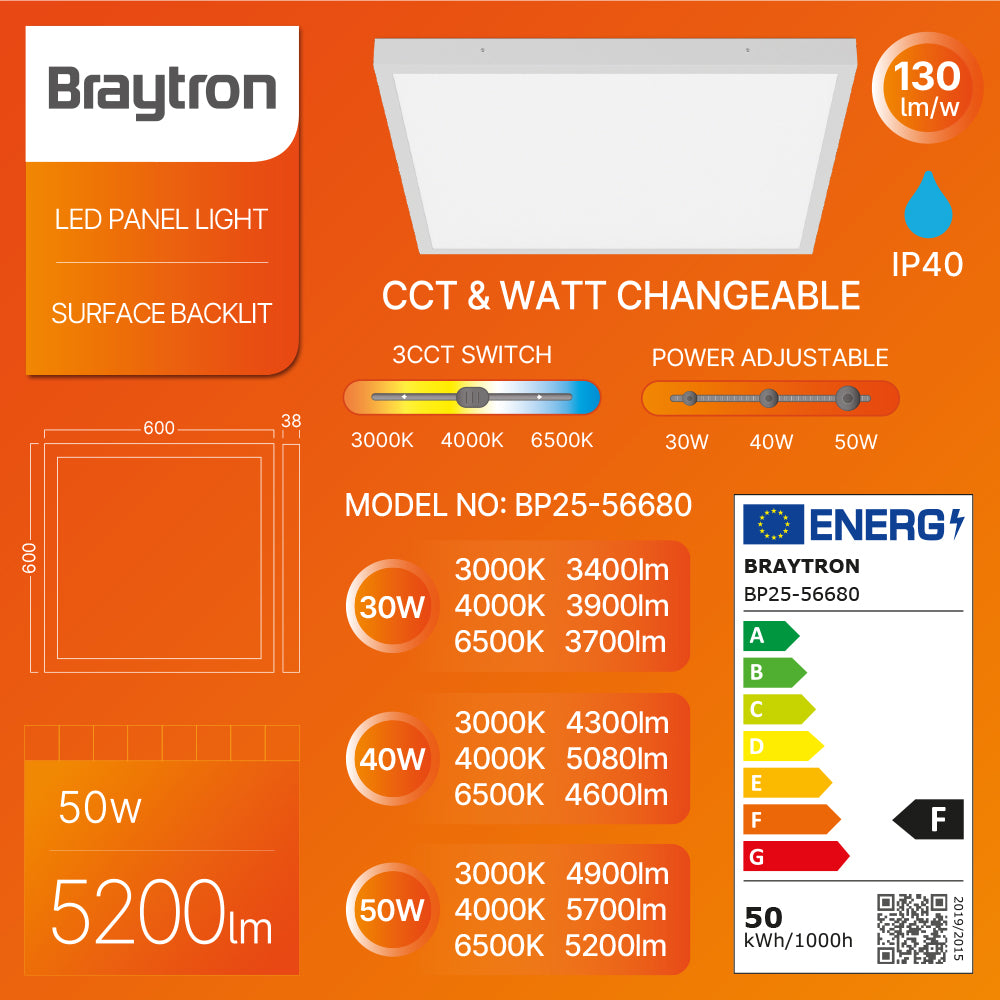 Braytron LED Panel Deckenleuchte 30-50W 3CCT 3000-6500K einstellbar Superhell Deckenlampe 60X60 cm – Bild 1