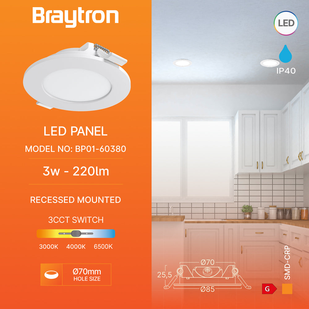 Braytron Ultraslim LED Einbaustrahler 3W Weiß Ø85mm 3CCT 230V 220 Lumen IP40 Einbauspots 68mm – Bild 3