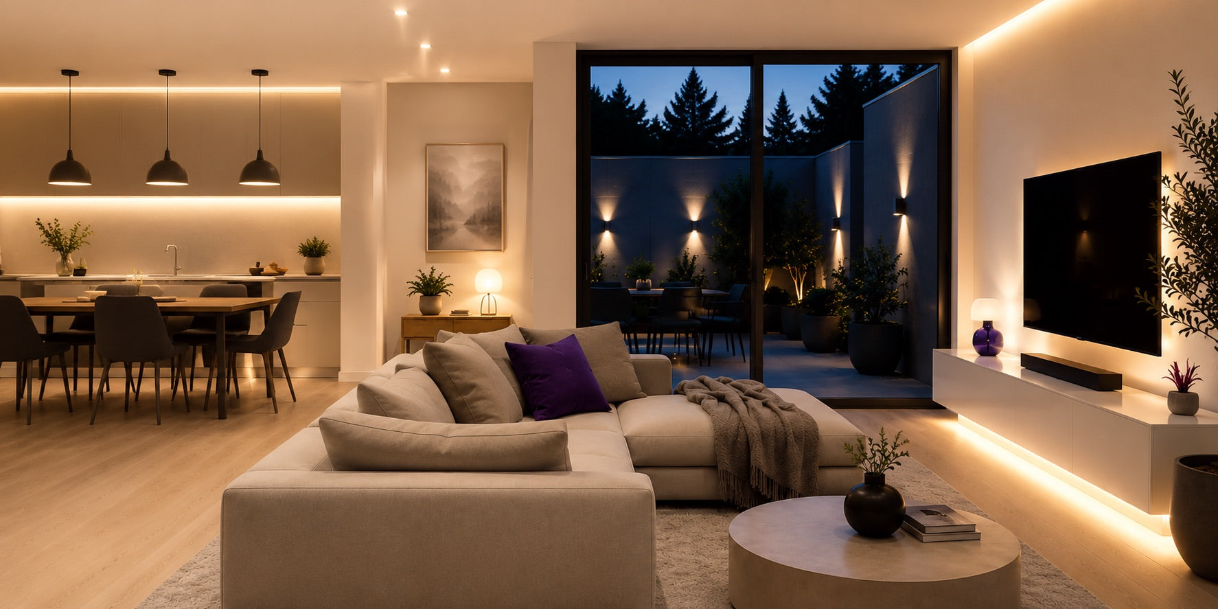 Modern beleuchtetes Wohnzimmer mit indirekter LED-Beleuchtung, Wandleuchten und LED-Streifen von PurpleLights